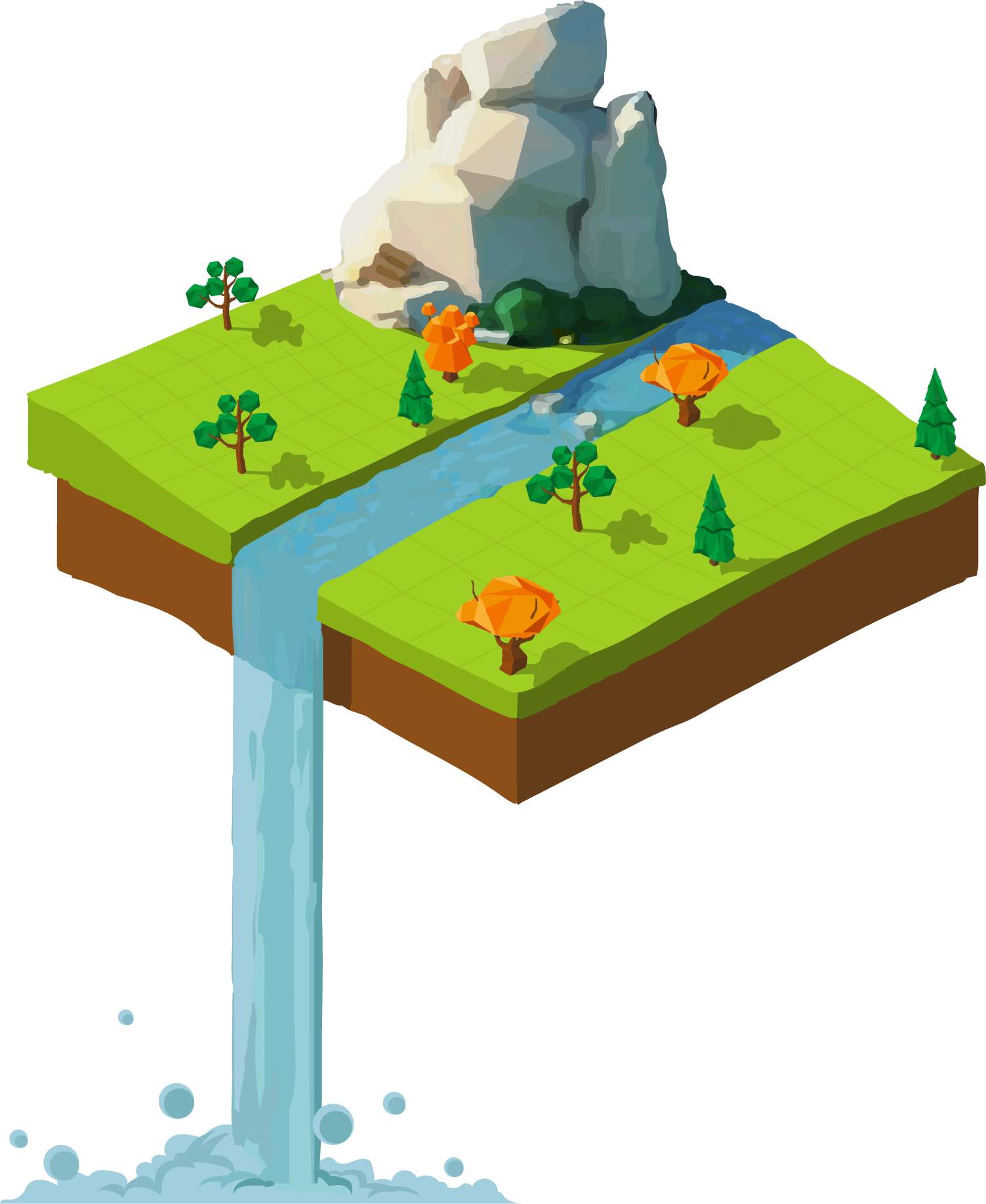 The game garden with a big rock, a river and trees on it